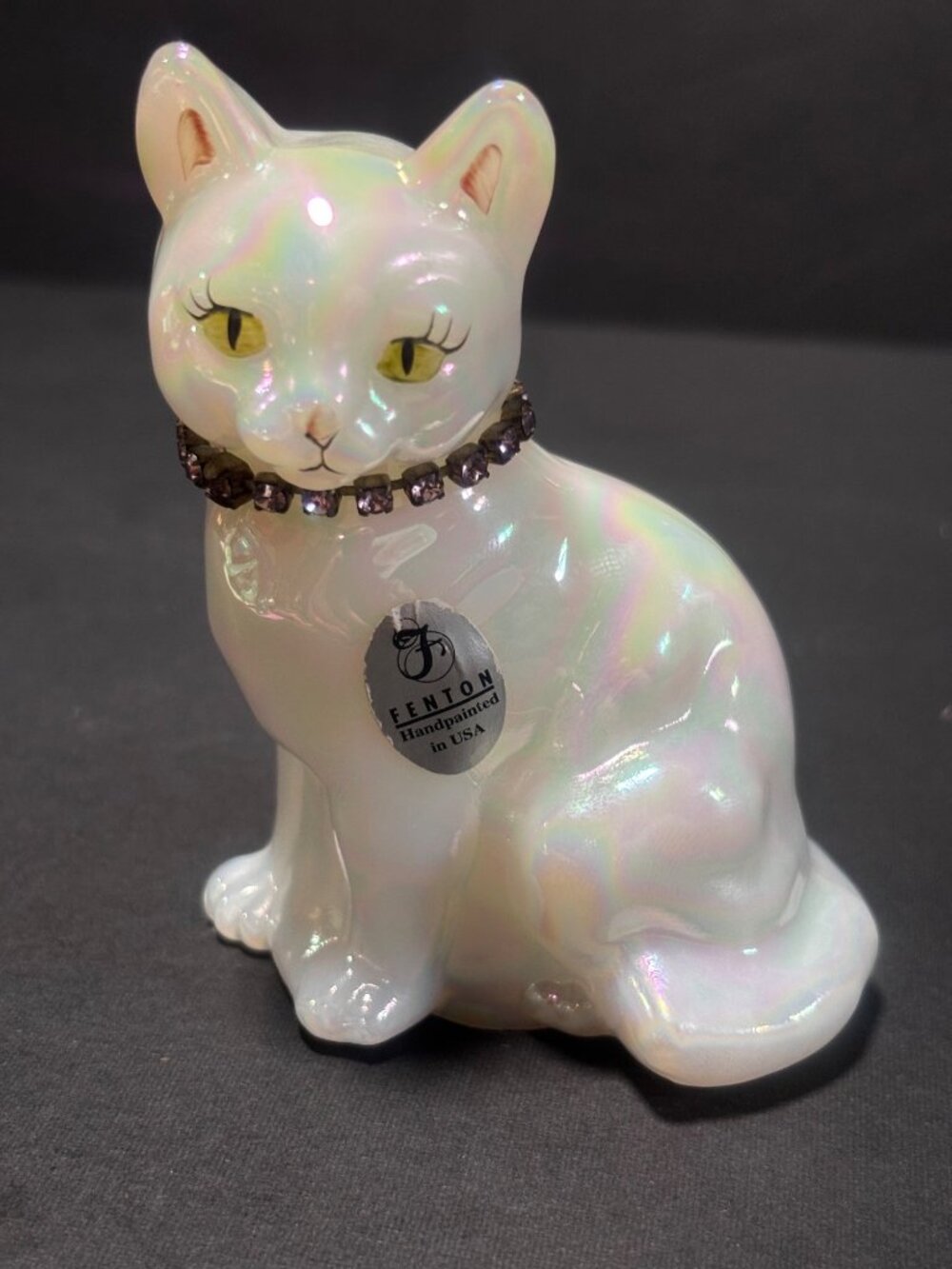 Fenton Hand Painted Opalescent Glass Cat Figurine With Collar Signed T.L. Nutter